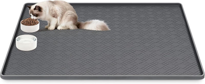 Lanstics Cat Food Mat, 42" x 29" Large Silicone Mat Cat Feeding Mat with Raised Edge Non-Slip Pet Feeding Mat for Food and Water Bowl, Easy to Clean, Floor Protection (Dark Gray) - Image 1